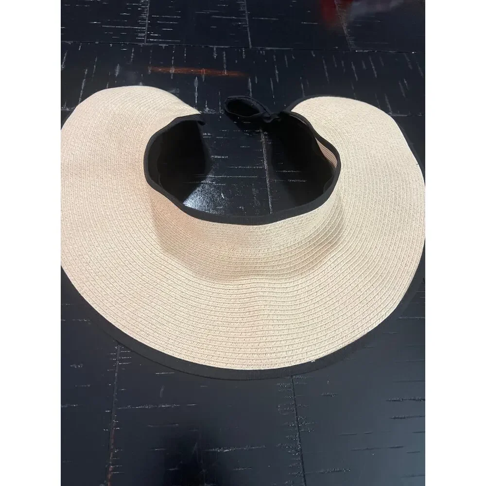 New NWT Summer & Rose Rollup Visor Hat Beige Woven Straw Ribbon Sun Beach Cap